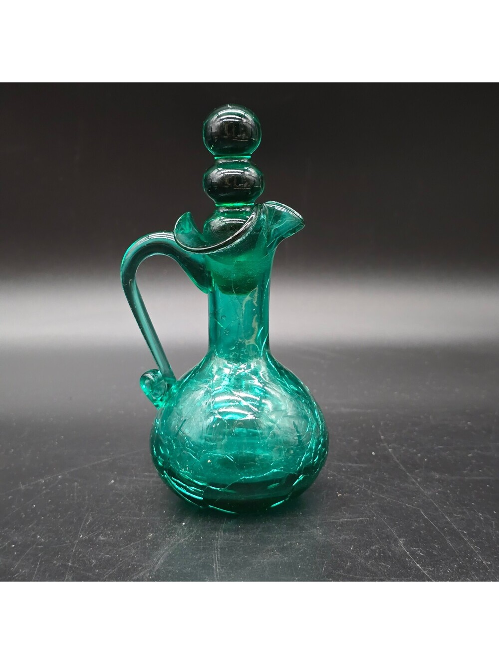 Vintage MCM Green Crackle Glass Miniature Cruet Pitcher Original Ball Stopper
